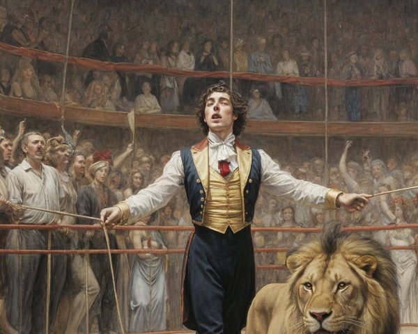 Dramatic Circus Scene with Lion Tamer and Audience