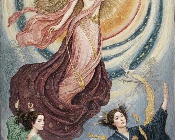 Celestial Scene with Radiant Goddess and Ethereal Figures