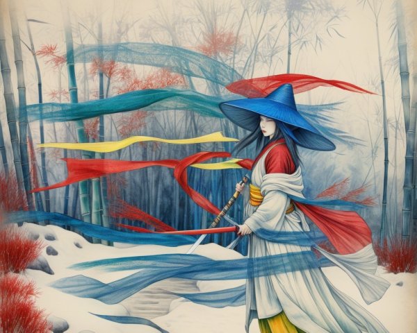 Traditional Attire in a Serene Winter Landscape
