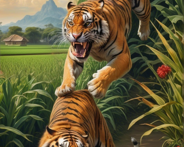 Tigers Sprinting Through Lush Green Landscape