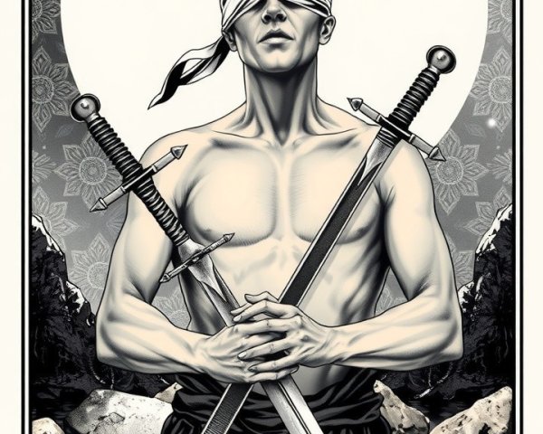Muscular Figure with Swords and Moonlit Backdrop