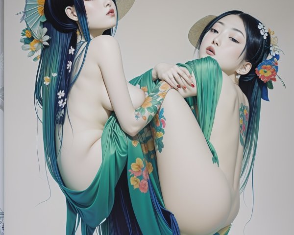 Ethereal Figures in Flowing Garments and Floral Tattoos