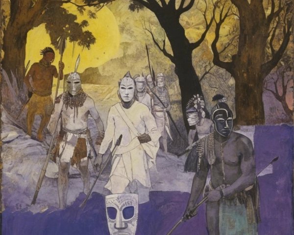 Figures in Traditional Attire Under a Glowing Moon