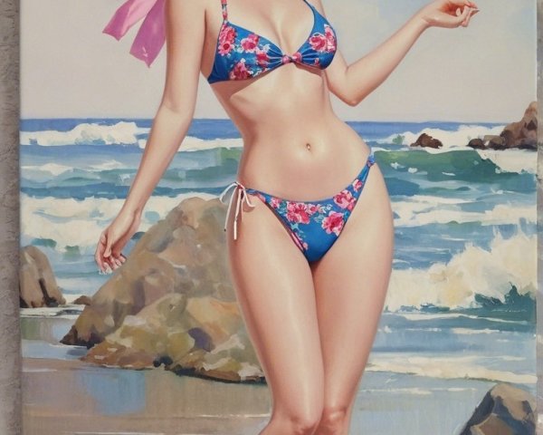 Vintage Pin-Up Girl at the Beach in Floral Bikini
