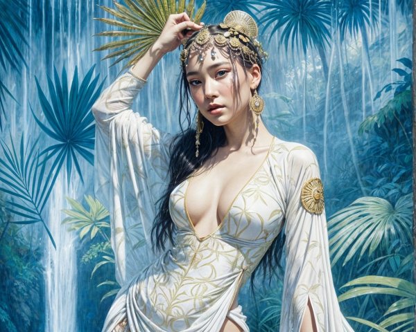 Stunning Figure in Tropical Setting with Waterfall