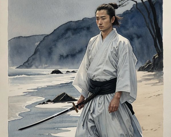 Lone Samurai on Tranquil Beach at Night