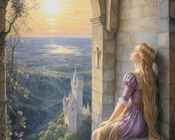 Young Woman in Lavender Gown at Sunset in Castle Tower