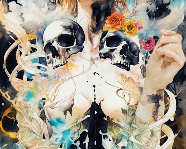 Woman with Flowing Hair and Skulls in Ethereal Colors