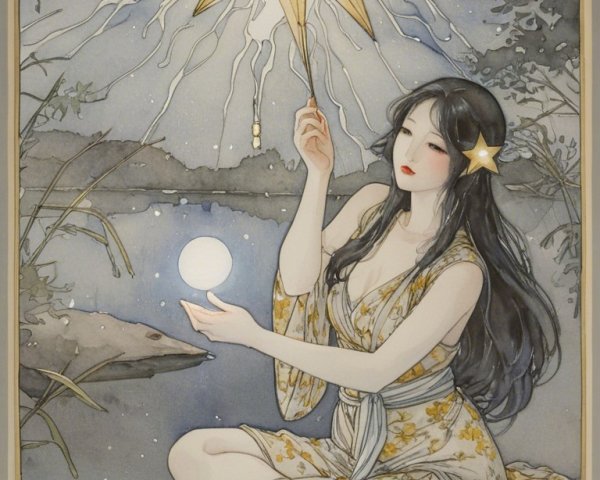 Serene Woman by Tranquil Lake with Celestial Elements