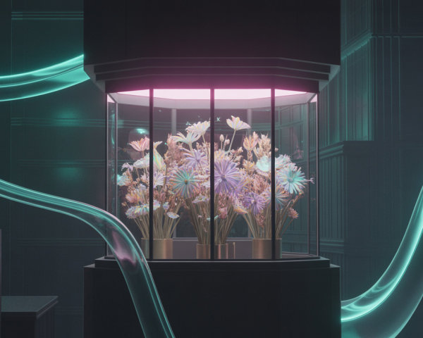 Futuristic Glass Display of Ethereal Flowers in Pink Light