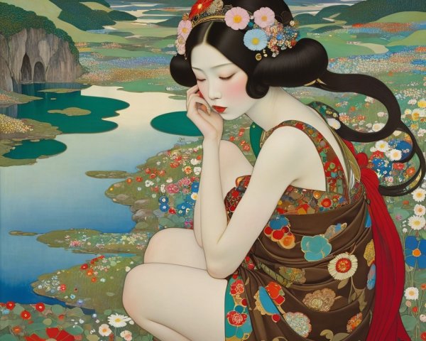 Japanese Maiko in Uchikake by River in Vibrant Garden