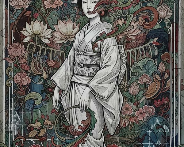 Art Nouveau Portrait of Japanese Woman in Kimono