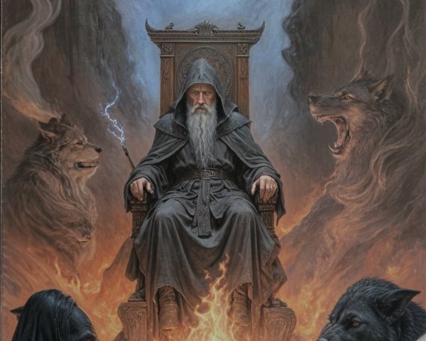 Cloaked Figure on Throne Surrounded by Shadowy Wolves