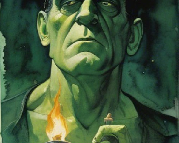 Frankenstein's Monster with Torch and Glass Bottle