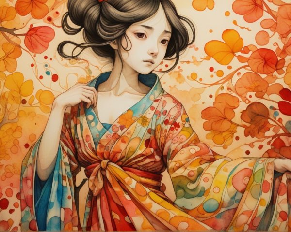 Young Woman in Colorful Kimono Among Autumn Leaves