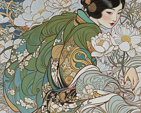 Serene figure in green kimono with blooming flowers
