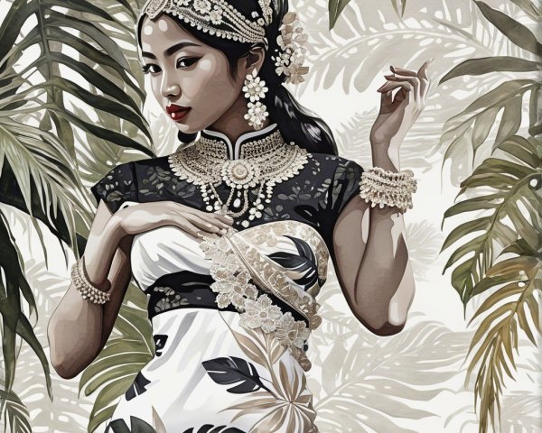 Elegantly Dressed Woman Surrounded by Lush Foliage