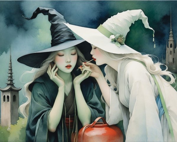 Witches in a Mystical Setting with Ethereal Towers