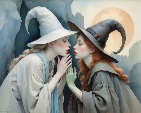 Witches Sharing a Magical Moment Under Full Moon