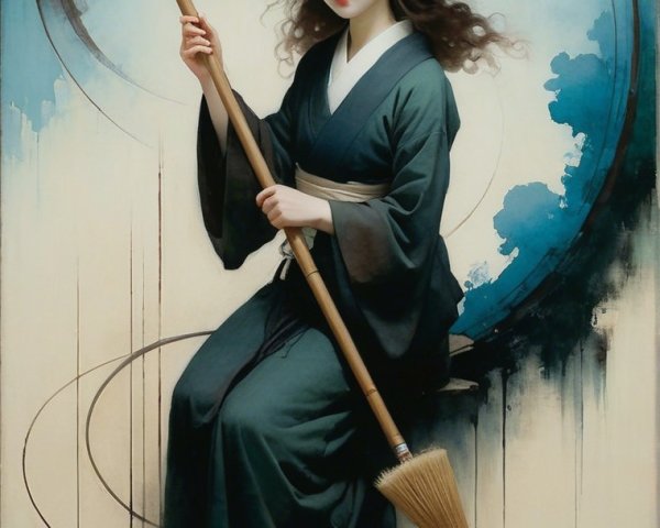 Young Woman in Kimono with Witch Hat and Broomstick