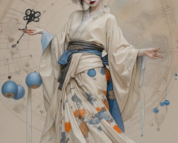 Elegant Figure in Floral Kimono with Clockwork Backdrop