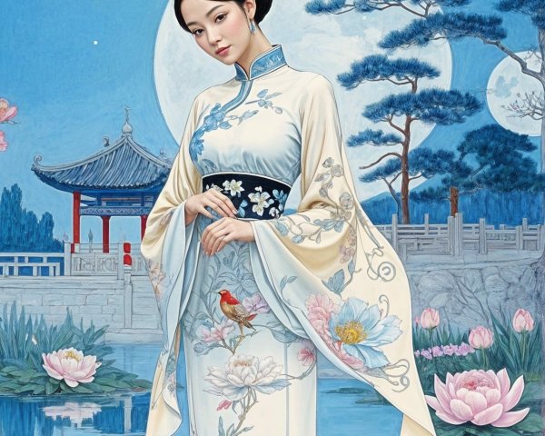 Young Woman in Traditional Gown by Tranquil Water