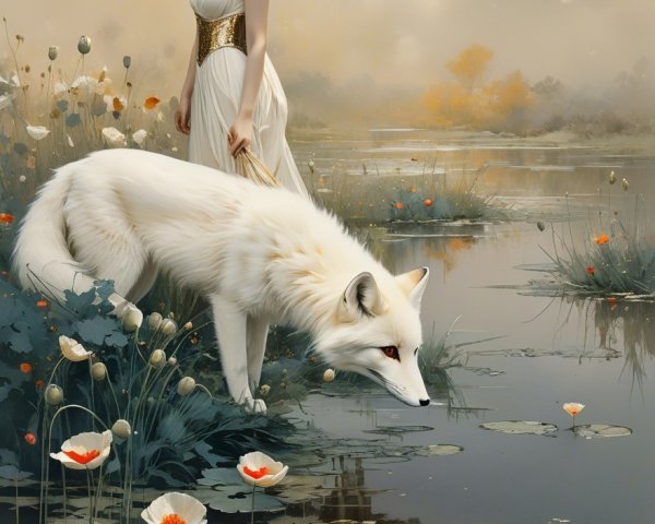 Tranquil lagoon with a figure and white fox