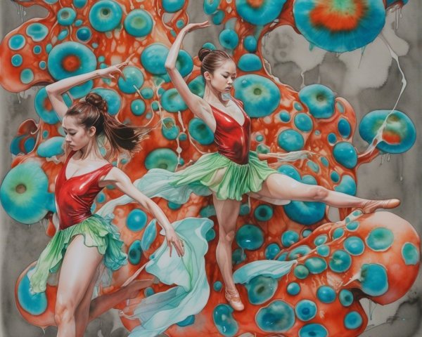 Ballerinas in Colorful Costumes Amid Abstract Bubbles