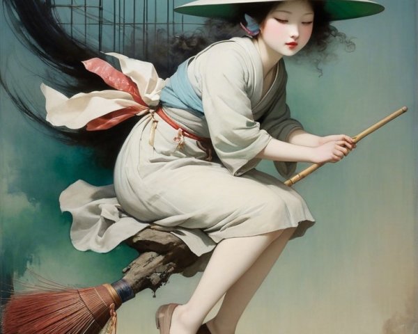 Whimsical Scene of a Girl on a Broomstick Above Waves