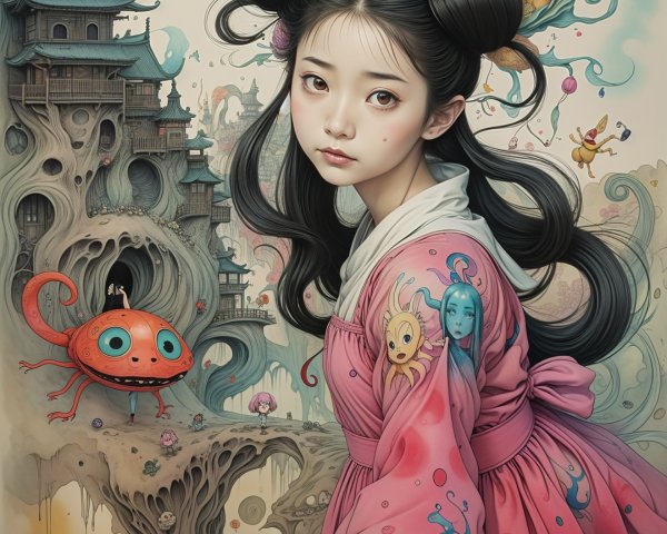 Young girl in pink garment in a surreal landscape