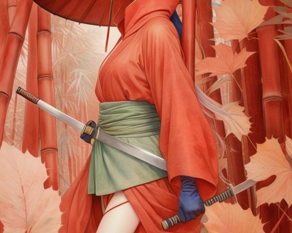Vibrant Red Kimono Amidst Autumn Leaves and Bamboo