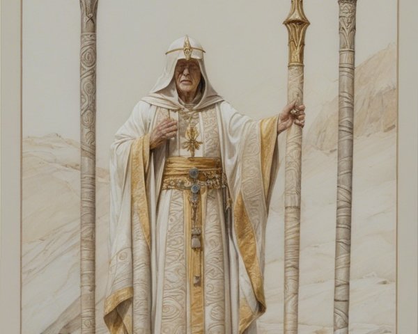 Regal Figure in White Robes in Desert Landscape