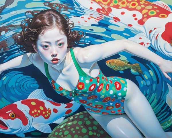 Colorful Swimsuit Girl Swimming with Koi Fish