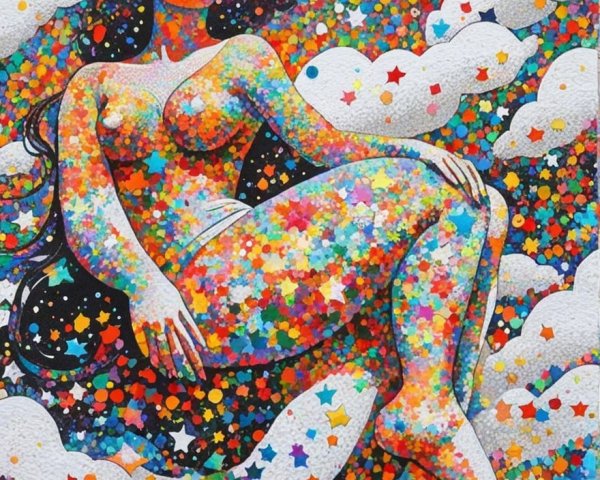 Colorful Artwork of Serene Figure Among Clouds and Stars