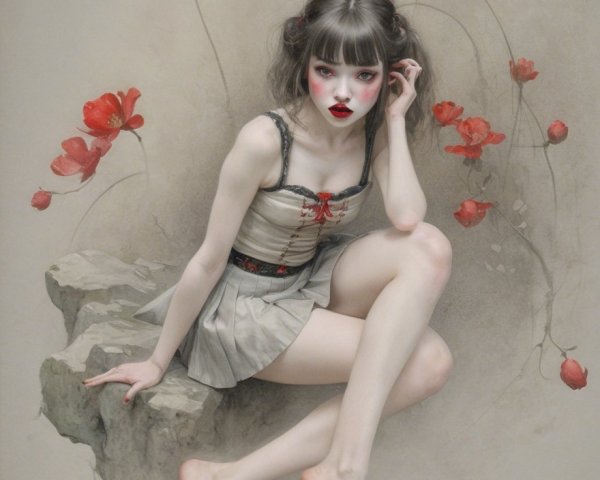 Ethereal Figure Surrounded by Blooming Red Flowers