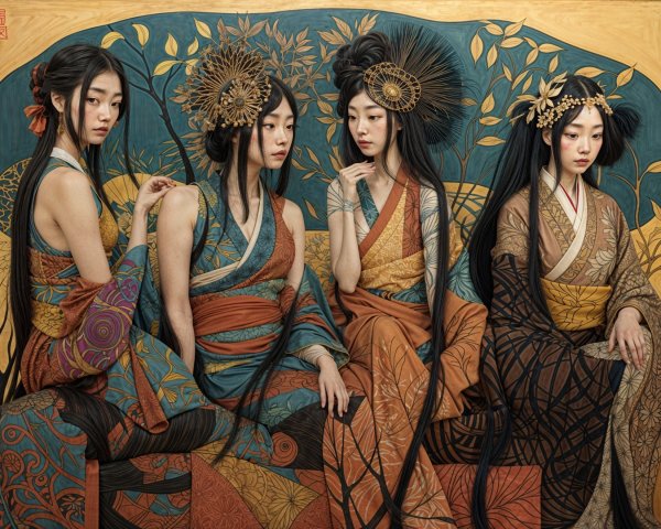 Elegant Figures in Intricate Kimonos Against Golden Leaves