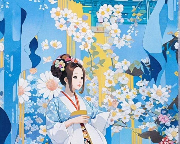 Young Woman in Traditional Attire Among Cherry Blossoms