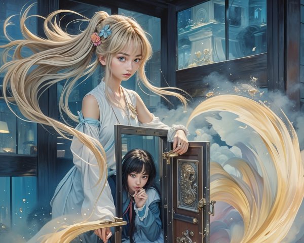 Mystical Scene with Girls and Ornate Doorway