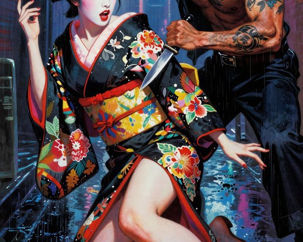 Frightened Geisha in Black Kimono with Tattooed Man