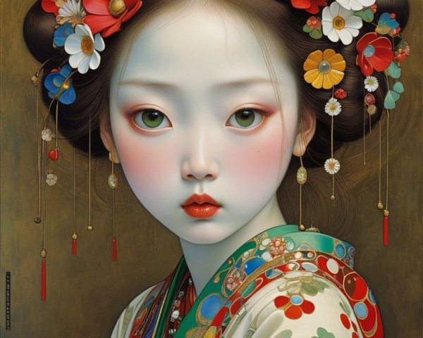 Portrait of a Young Woman in a Vibrant Kimono