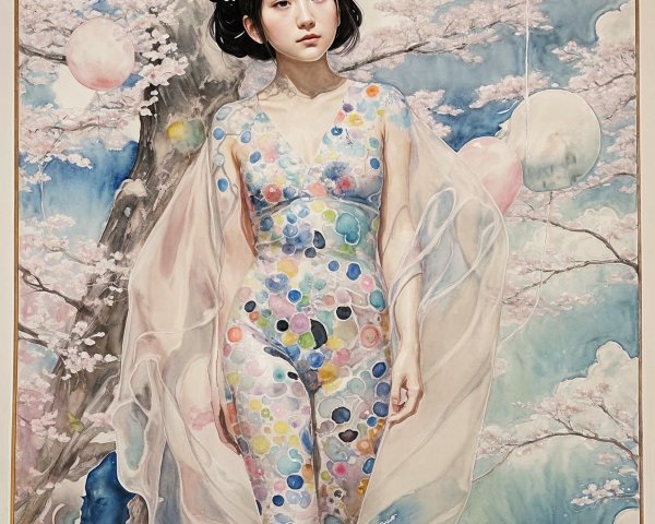 Graceful Figure in Water with Cherry Blossoms and Balloons