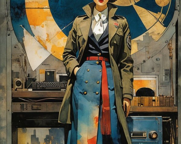 Stylish Woman in Military-Inspired Outfit with Robot