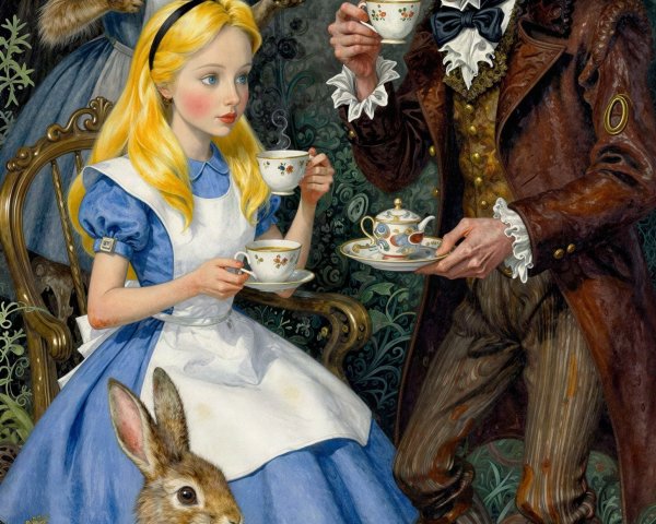 Alice Enjoying Tea with Dressed Rabbits and Decor