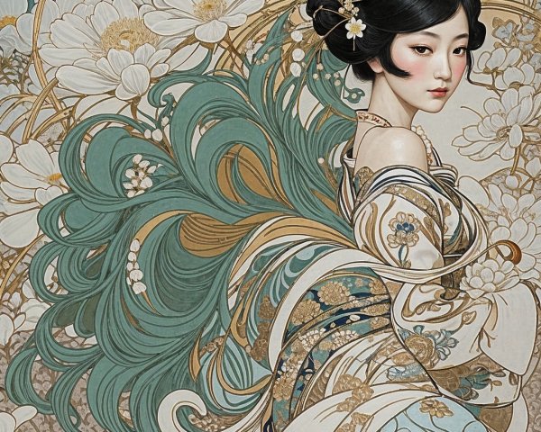 Portrait of a woman in a floral kimono with blossoms