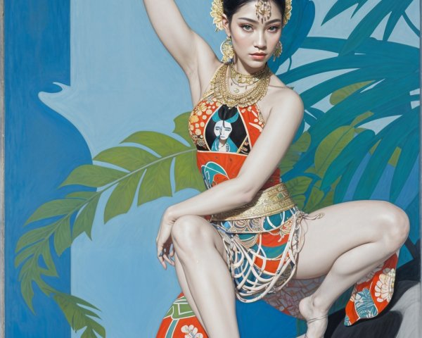 Graceful Woman in Colorful Traditional Outfit Artwork