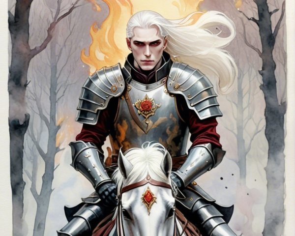 Knight on White Stallion in Misty Forest with Flames