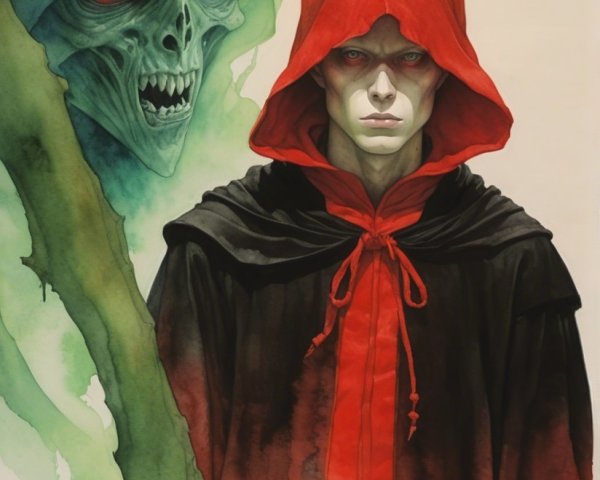 Watercolor Painting of a Gaunt Man in Red Hood and Cape