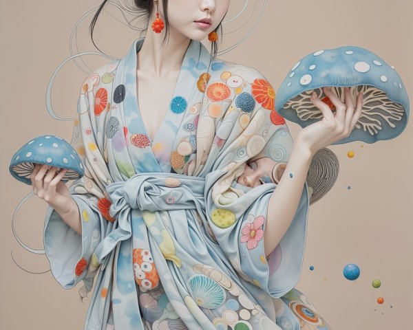 Young Woman in Kimono with Whimsical Mushrooms