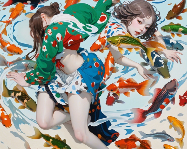 Underwater Scene with Two Women and Koi Fish
