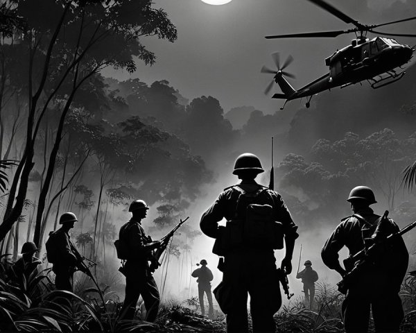 Silhouetted Soldiers in Dense Jungle with Helicopter